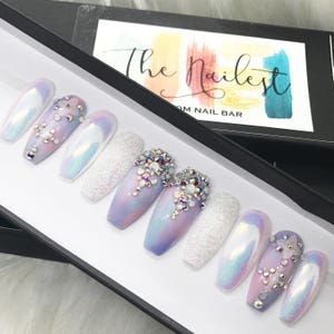 OG Unicorn Chrome Swarovski Crystal Pastel Iridescent Glitter Press On Nails Unicorn Any Shape Fake Nails False Nails Glue On image 3