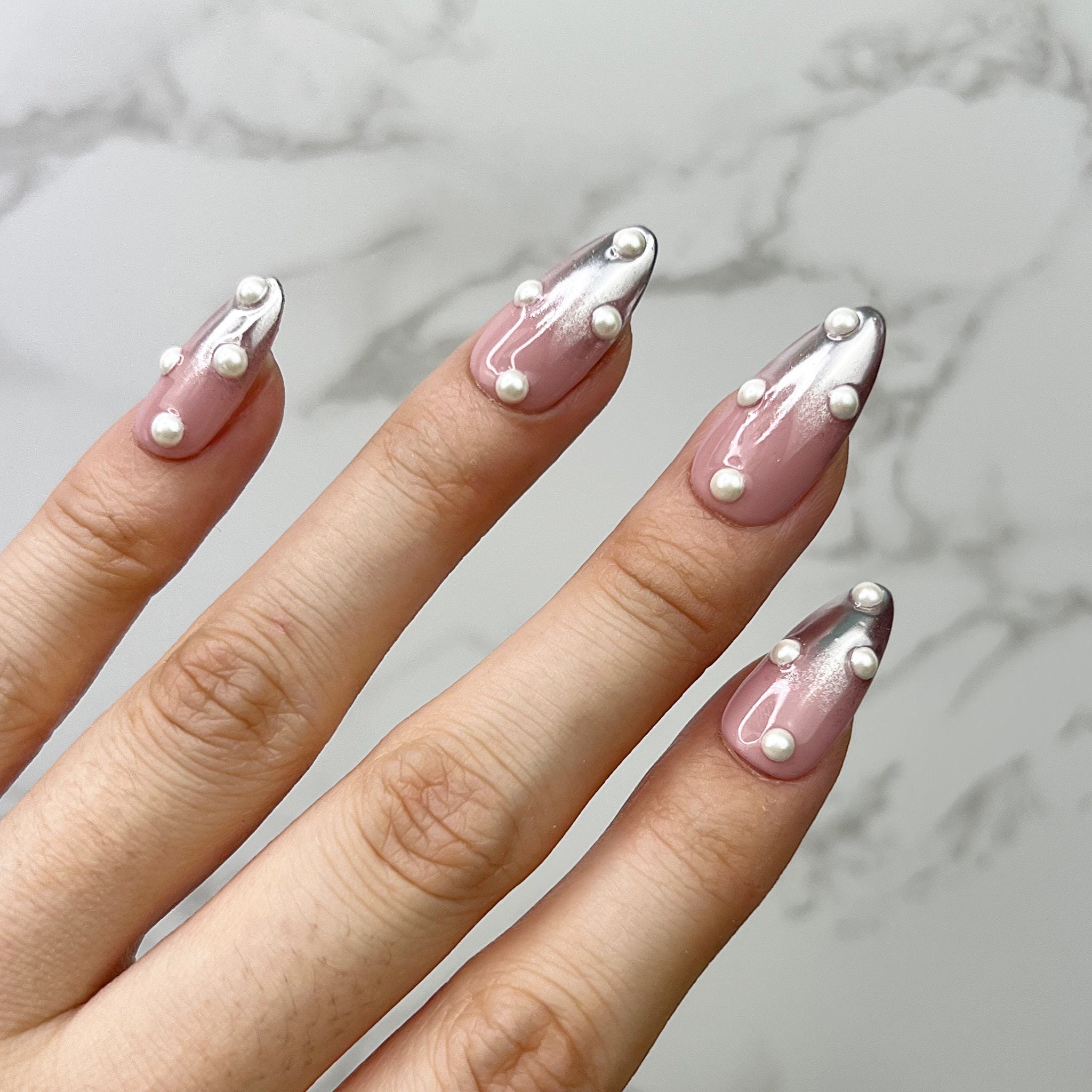 Perla Chrome Ombre With Pearl Detail Press on Nails Any Shape Fake