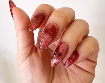 Shadow Hearts, Ruby Red Cat-eye Heart Press On Nails | Any Shape | Fake Nails | False Nails | Glue On | Valentines