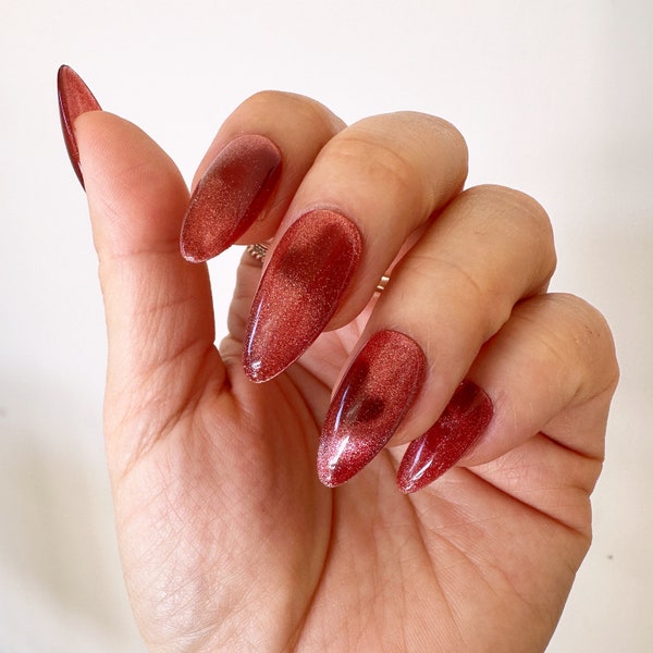 Shadow Hearts, Ruby Red Cat-eye Heart Press On Nails | Any Shape | Fake Nails | False Nails | Glue On | Valentines