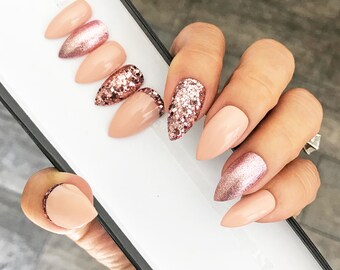 Pink Rose Gold Chunky Glitter Shimmer Press On Nails | Fake Nails | False Nails | Glue On