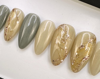 Handmade- Sage Moonstone Gold Glitter Accent Press On Nail Set | Any Shape | Fake Nails | False Nails | Glue On Nailest