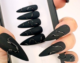 Venom Black Swirl Press On Nails | Halloween | Any Shape | Fake Nails | False Nails | Glue On Nails