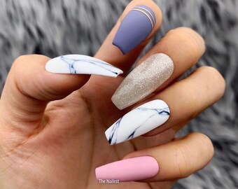Luv Crush! White Marble w Pink Blush Blue Gold Glitter Press On Nails |Any Shape | Fake Nails | False Nails | Glue On Nails