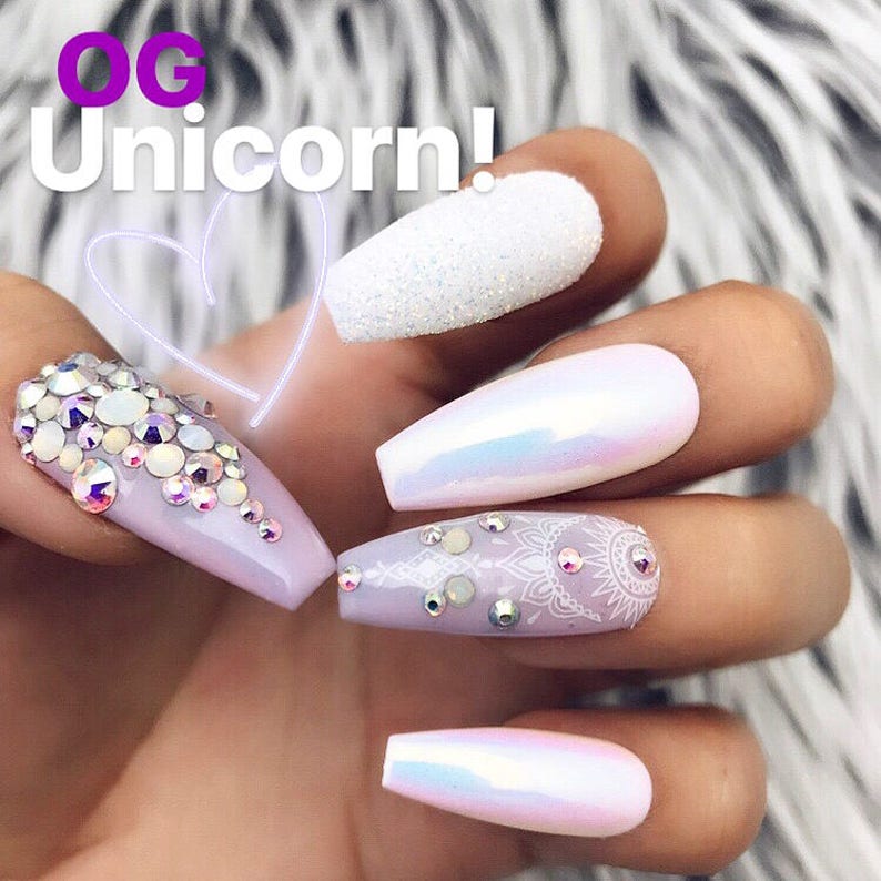 OG Unicorn Chrome Swarovski Crystal Pastel Iridescent Glitter Press On Nails Unicorn Any Shape Fake Nails False Nails Glue On image 1