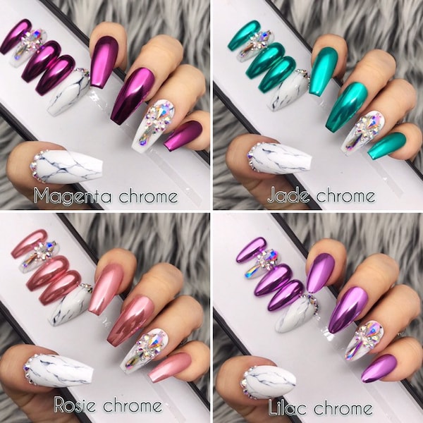 Chrome with Marble and Crystal detailed Press On Nails | Any Shape | Fake Nails | False Nails | Glue On Nails