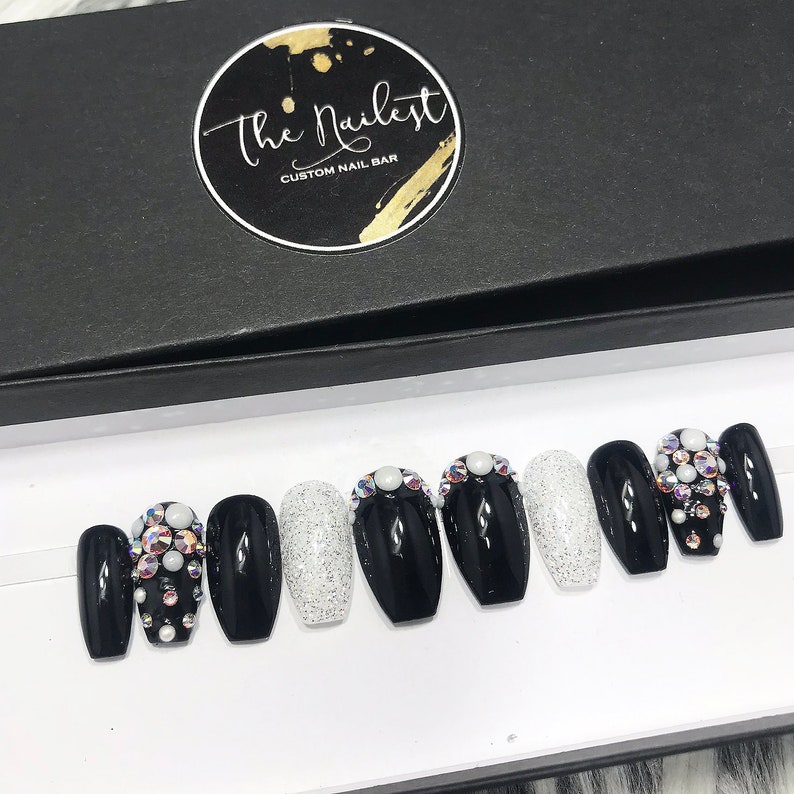 Glossy Black Pearl Glitter Crystal Press On Nails Gothic | Etsy