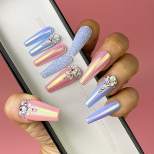 Pastel Unicorn Chrome Crystal Iridescent Glitter Press On Nails | Unicorn| Any Shape | Fake Nails | False Nails | Glue On