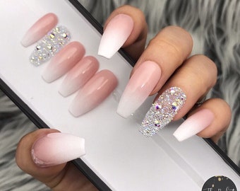 Baby Boomer Soph Ombre w Pixie Dust Press On Nails | Bridal | Any Shape | Fake Nails | False Nails | Glue On Nailes