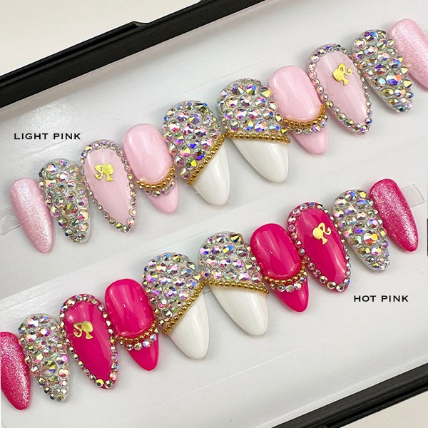 Royal Barbie Pink Glitter w/ Swarovski Crystal | Press On Nails | Any Shape | Fake Nails | False Nails | Glue On Nails