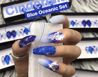 Blue Oceanic Ombre Distressed Foil Fairy Dust Swarovski Crystals Matte Press On Nails | Any Shape | Fake Nails | False Nails | Glue On Nails