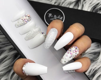 Glossy White Pearl Glitter Crystal Press On Nails | Gothic| Any Shape | Fake Nails | False Nails | Glue On Nailes