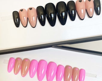 ¡Corazón de Cutie Pie! / Día de San Valentín / Prensa negra o rosa en las uñas / Cualquier forma / Uñas postizas / Uñas postizas / Pegamento en las uñas