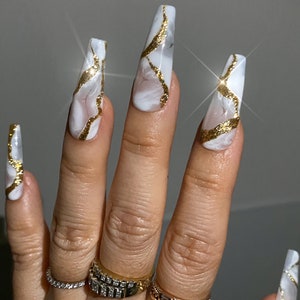 White Quartz with Gold Reflective detailed Nails | Press On Nails | Any Shape | Fake Nails | False Nails | Glue On Nails | Bridal Nails