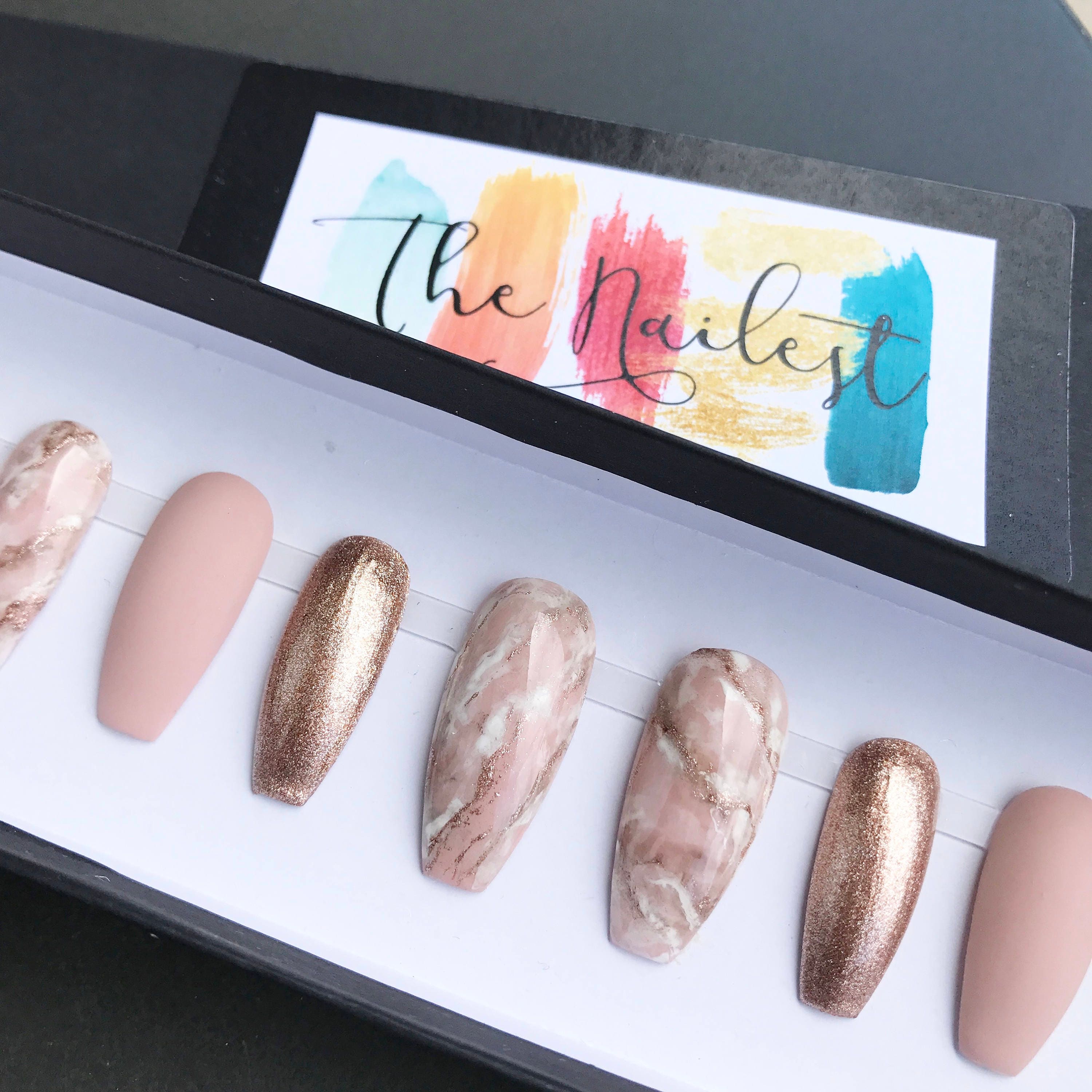 First Love Pink Marble Nude Rose Gold Matte Press On Nails | Etsy