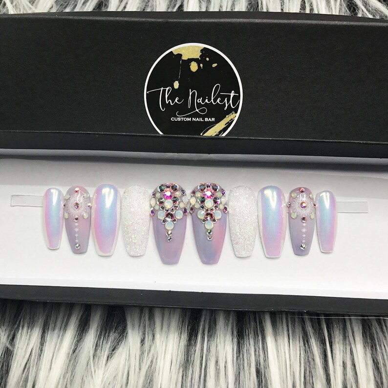 OG Unicorn Chrome Swarovski Crystal Pastel Iridescent Glitter Press On Nails Unicorn Any Shape Fake Nails False Nails Glue On image 2