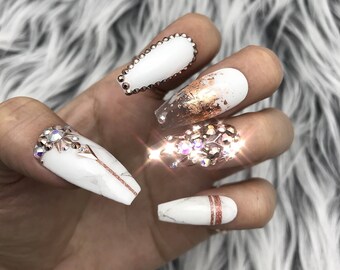 Rose Gold White Marble Swarovski Crystal Nail | Press On Nails | Fake Nails | False Nails | Glue On Nails | Bridal Nails | The Nailest