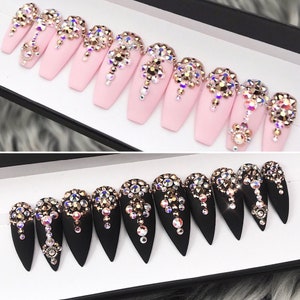 Diamonds Forever Matte Pink or Black Crystal detailed Nails | Press On Nails | Fake Nails | False Nails | Glue On Nails | Bridal Nails | The