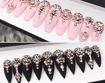Diamonds Forever Matte Pink or Black Crystal detailed Nails | Press On Nails | Fake Nails | False Nails | Glue On Nails | Bridal Nails | The