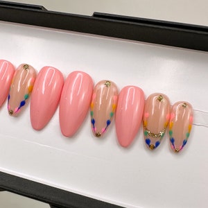 Lucky Link Pink with Multi Color Press On Nails | Any Shape | Fake Nails | False Nails | Glue On