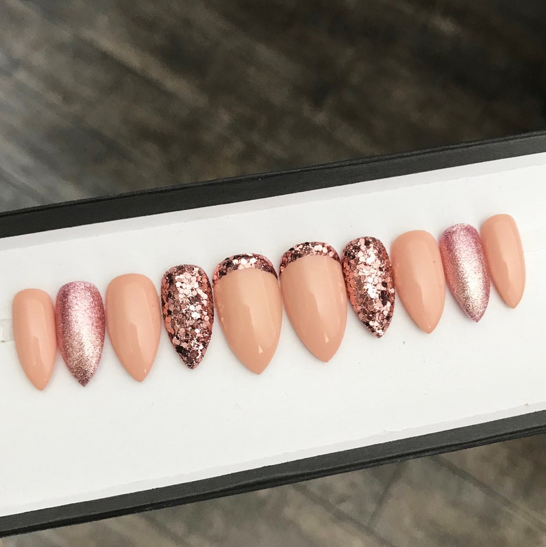 Pink Rose Gold Chunky Glitter Shimmer Press On Nails Fake Nails False Nails Glue On image 2