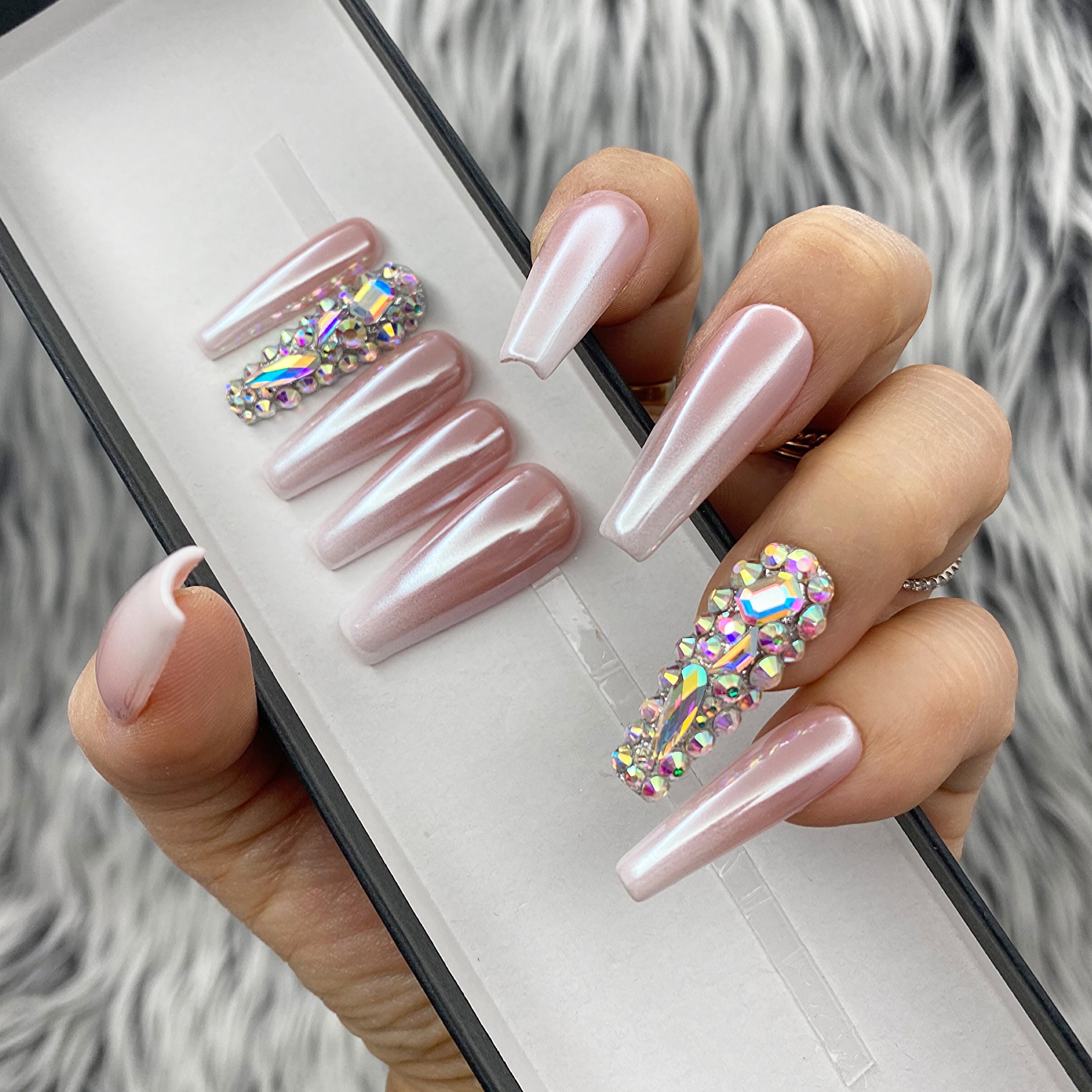 Baby Boomer Ombre Chandelier Crystal Glazed Donut Press on Nails