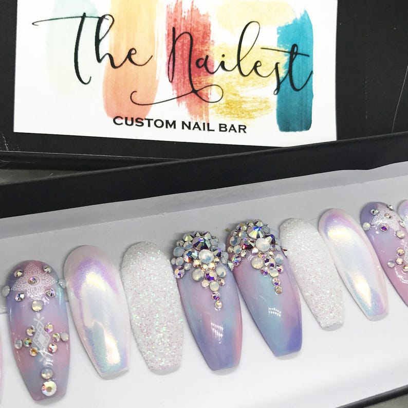 OG Unicorn Chrome Swarovski Crystal Pastel Iridescent Glitter Press On Nails Unicorn Any Shape Fake Nails False Nails Glue On image 4