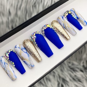 Gold Cobalt blue- Marble, glitter with Bling Crystals Press On Nails | Any Shape | Fake Nails | False Nails | Glue On Nails