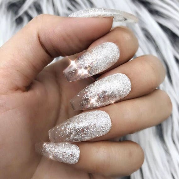 Clear Crystal Silver Mixed Glitter Ombre w/ Hard Gel Press On Nails |  Gothic| Any Shape | Fake Nails | False Nails | Glue On Nailes