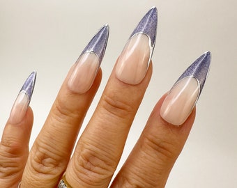 Tinsel Town French, Blue Cat-eye French Silver Chrome Press On Nail | Any Shape | Fake Nails | False Nails | Glue On Nails