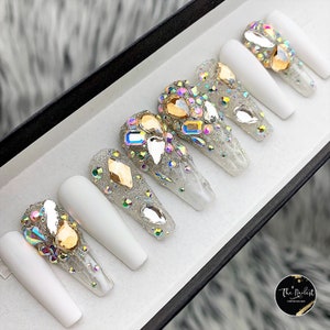 Lux White Icicles - Solid mixed with pixie dust and Bling Crystals Press On Nails | Any Shape | Fake Nails | False Nails | Glue On Nails