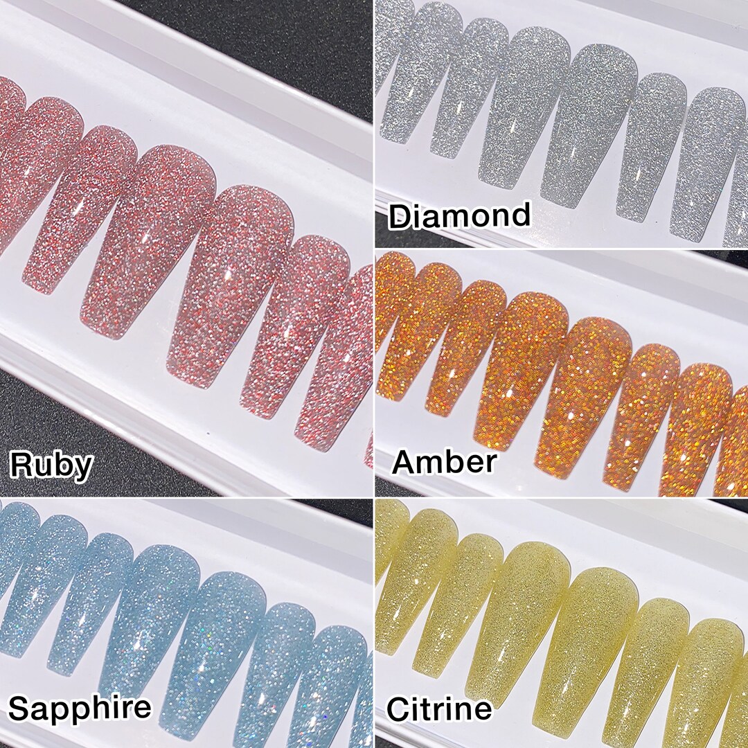 Reflective Nails Reflective Flash | Sparkly Shiny Solid Reflective Gel Press on Nails ...