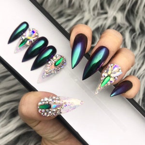 Tia Peacock Green Chrome w/ Crystal Detailed Press On Nails  | Any Shape | Fake Nails | False Nails | Glue On