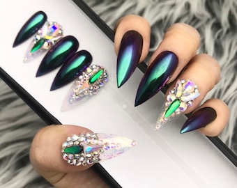 Tia Peacock Green Chrome w/ Crystal Detailed Press On Nails  | Any Shape | Fake Nails | False Nails | Glue On