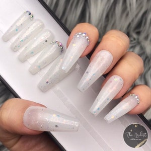 White Opal Confetti Glitter w Crystals Press On Nails | Any Shape | Fake Nails | False Nails | Glue On Nailes | The Nailest