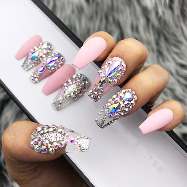 Pink Fearless Silver Crystal Nail | Press On Nails | Fake Nails | False Nails | Glue On Nails | Bridal Nails | The Nailest