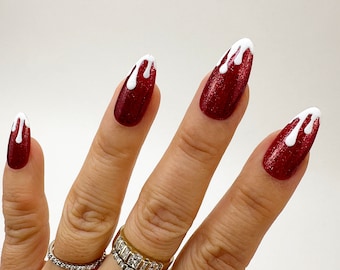 Snowfall Red Glitter with White Drip Detailed Press On Nail Set | Any Shape | Fake Nails | False Nails | Glue On