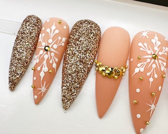 Holly Jolly, Snowflakes Gold Glitter | Press On Nails | Fake Nails | False Nails | Glue On Nails | Holiday | The Nailest