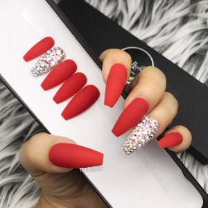 Classic Red set w/ crystal bling accent Press-on nails | Any Shape | Fake Nails | False Nails | Glue On Nails