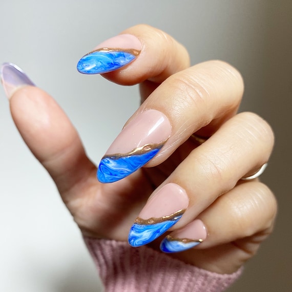 FULL SET OF 20 False Nails Matte Blue Marble Nails Hand Painted Ocean Waves  Short Coffin Shape Press on Nails - Etsy