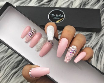 Pale Pink Pinklady Crystal Pearl Glossy Press On Nails | Any Shape | Fake Nails | False Nails | Glue On Nails | The Nailest