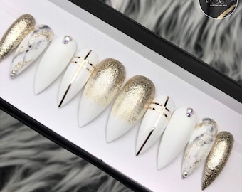Love Affair | White Gold Marble Matte Press On Nails | Any Shape | Fake Nails | False Nails | Glue On Nails
