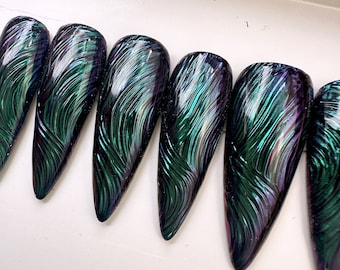 Starry Night Brushstroke Peacock Chrome Press On Nails | Any Shape | Fake Nails | False Nails | Glue On Nails