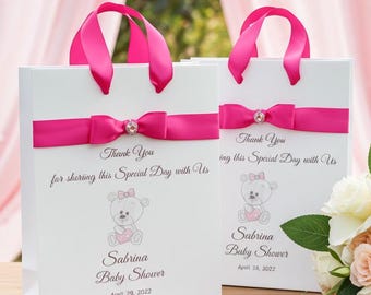 Personalized Teddy Bear Baby Shower Favor Bags with Satin Ribbon