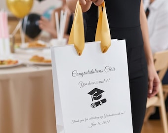 Personalized Graduation Party Favor Bags with Gold Satin Ribbon