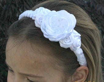 White Rose Wedding Headband, Girls Satin Flower Hair Accessory