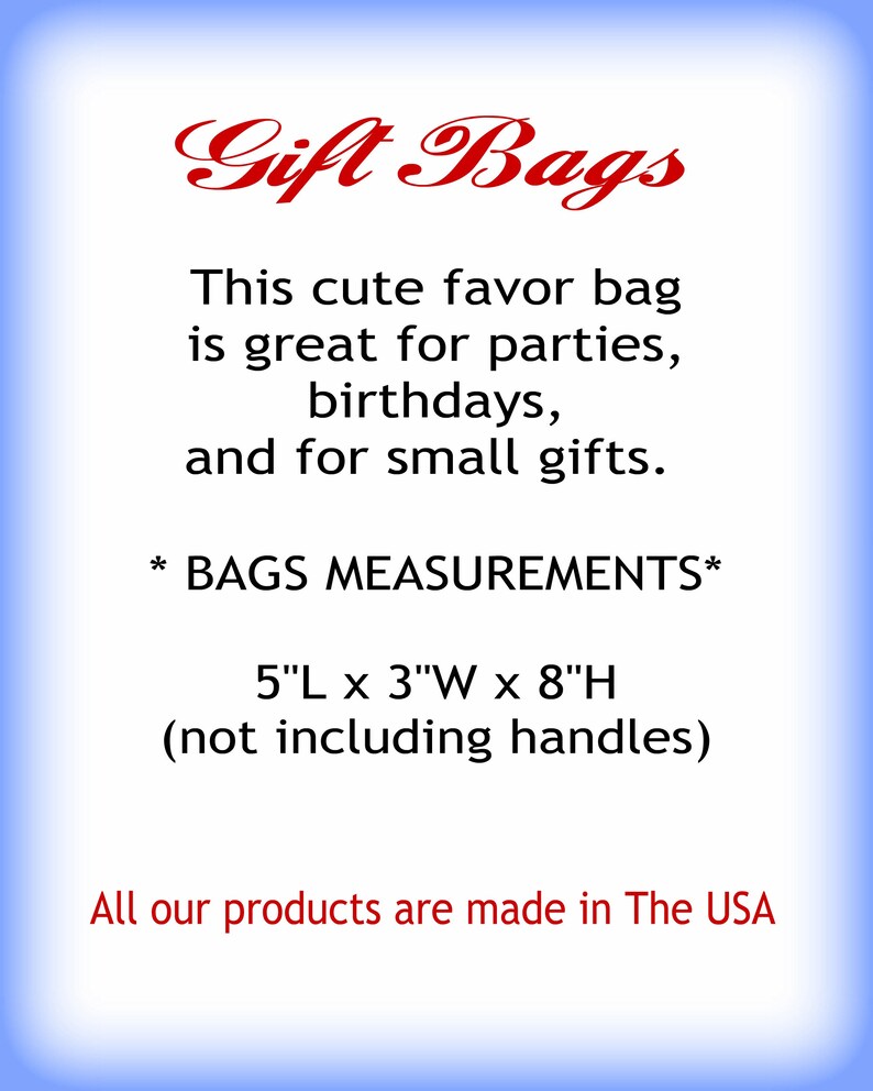 Może przedstawiać: Białe tło z napisem "Gift Bags" w czerwonym skrypcie. Poniżej tekst: "Ta urocza torba na upominki jest świetna na imprezy, urodziny i małe prezenty". Wymiary torby: 12,7 cm dł. x 7,6 cm szer. x 20,3 cm wys.