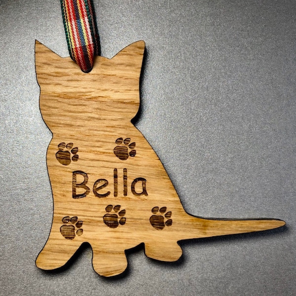 Personalised Oak Christmas Decorations Cat Kitten Tree Wood Bauble Gifts Xmas