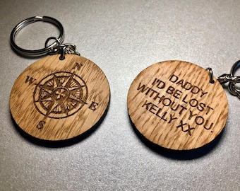 Personalised Fathers Day Wooden Compass Keyring 2 Sided Dad Love Gift Present Oak