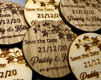 Wooden Save the Date Personalised Engraved Rustic Disc Round Fridge Magnets Wedding Oak Names